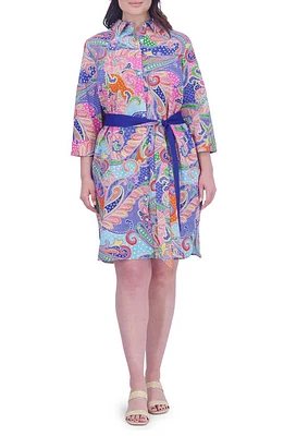 Foxcroft Rocca Paisley Belted Three-Quarter Sleeve Cotton Shirtdress Multi at Nordstrom