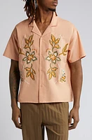 Native Youth Embroidered Linen & Cotton Camp Shirt in Pink at Nordstrom, Size Medium