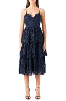 Endless Rose Floral Lace Tiered Sequin Midi Dress Navy at Nordstrom,