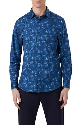 Bugatchi James OoohCotton Leaf Print Button-Up Shirt Night Blue at Nordstrom,