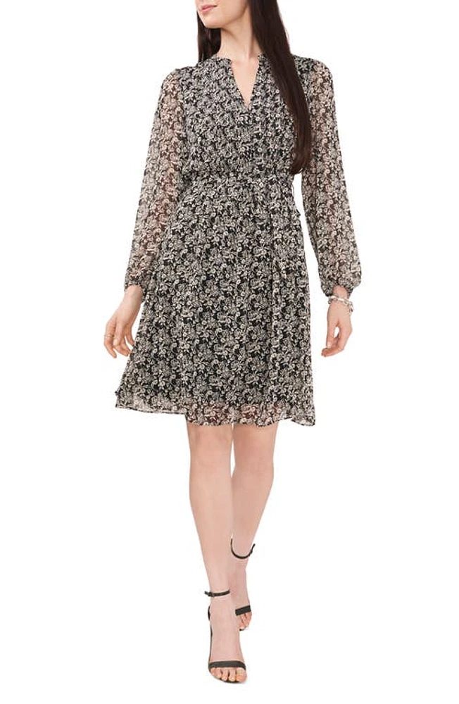 Chaus Floral Pintuck Long Sleeve Tie Waist Shirtdress Black/Ivory at Nordstrom,