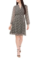 Chaus Floral Pintuck Long Sleeve Tie Waist Shirtdress Black/Ivory at Nordstrom,