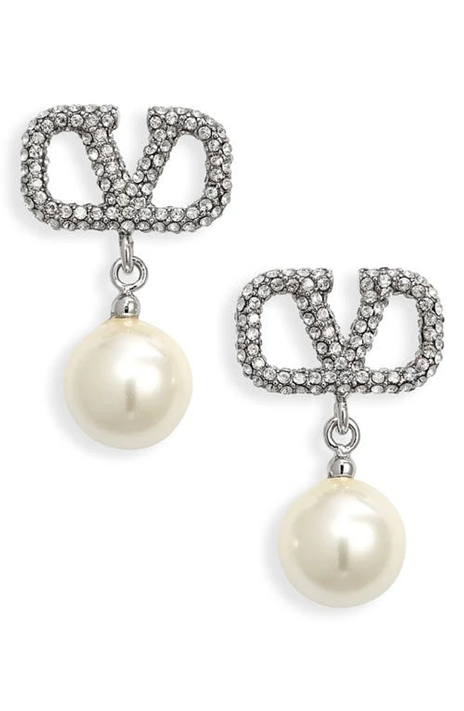 Valentino Garavani VLOGO Crystal Imitation Pearl Charm Earrings in Zqr Palladio/cream/crystal Sil at Nordstrom