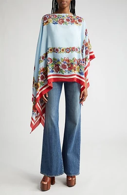 Etro Placed Floral Print Silk Poncho in Print On Pale Blue Base at Nordstrom