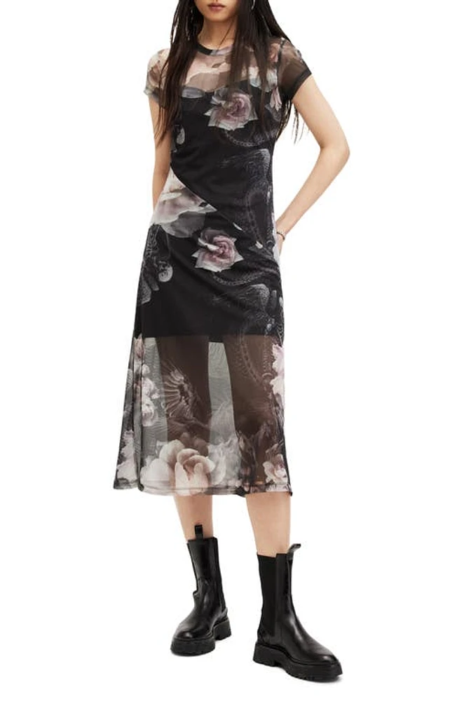 AllSaints Hanna Valley Floral Mesh Midi Dress Black Mono at Nordstrom, Us