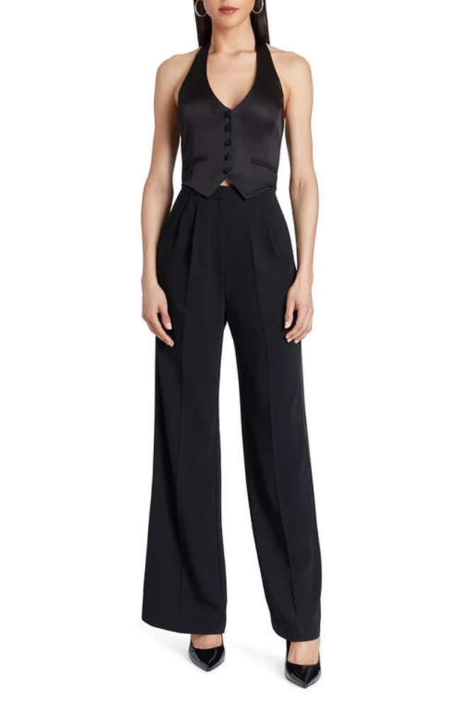 Amanda Uprichard Isadore Satin Trim Wide Leg Halter Jumpsuit Black at Nordstrom,