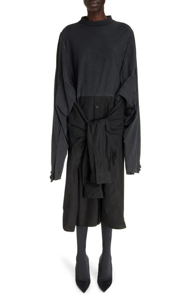 Balenciaga Patched Mixed Media Long Sleeve Cotton T-Shirt Dress Black at Nordstrom,