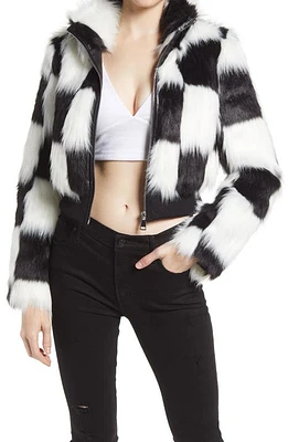 AZALEA WANG Checkerboard Faux Fur Crop Jacket in Black at Nordstrom, Size Small