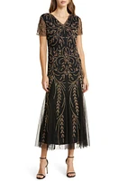 Pisarro Nights V-Neck Embellished Mesh Gown in Black/Gold at Nordstrom, Size 14W