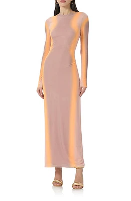 AFRM Didi Long Sleeve Mesh Maxi Dress Orange Linear at Nordstrom,