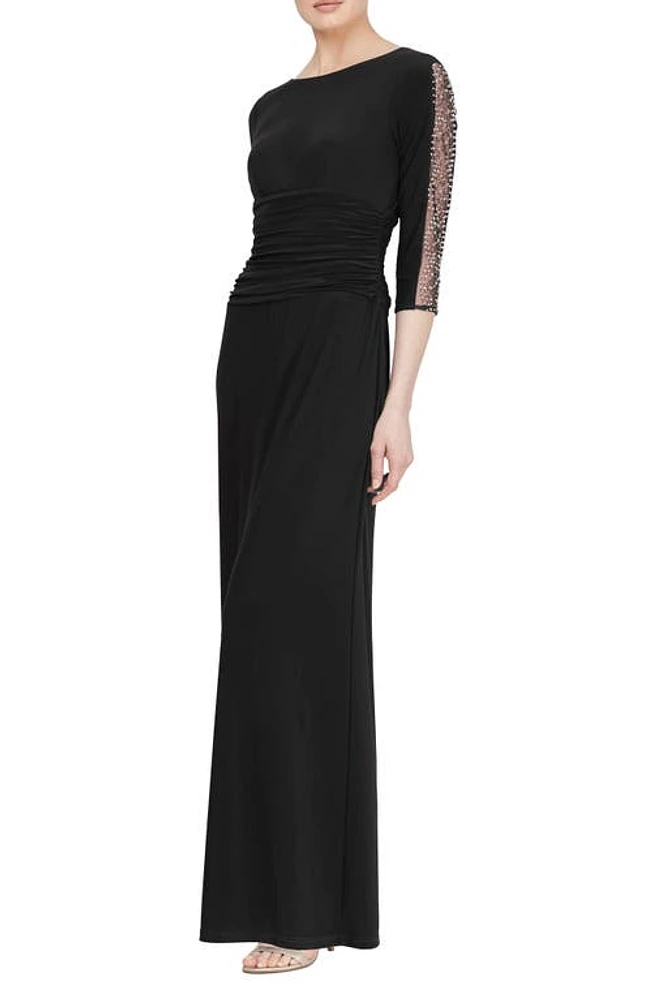 SL FASHIONS Beaded Sleeve Ruched Gown Black at Nordstrom,