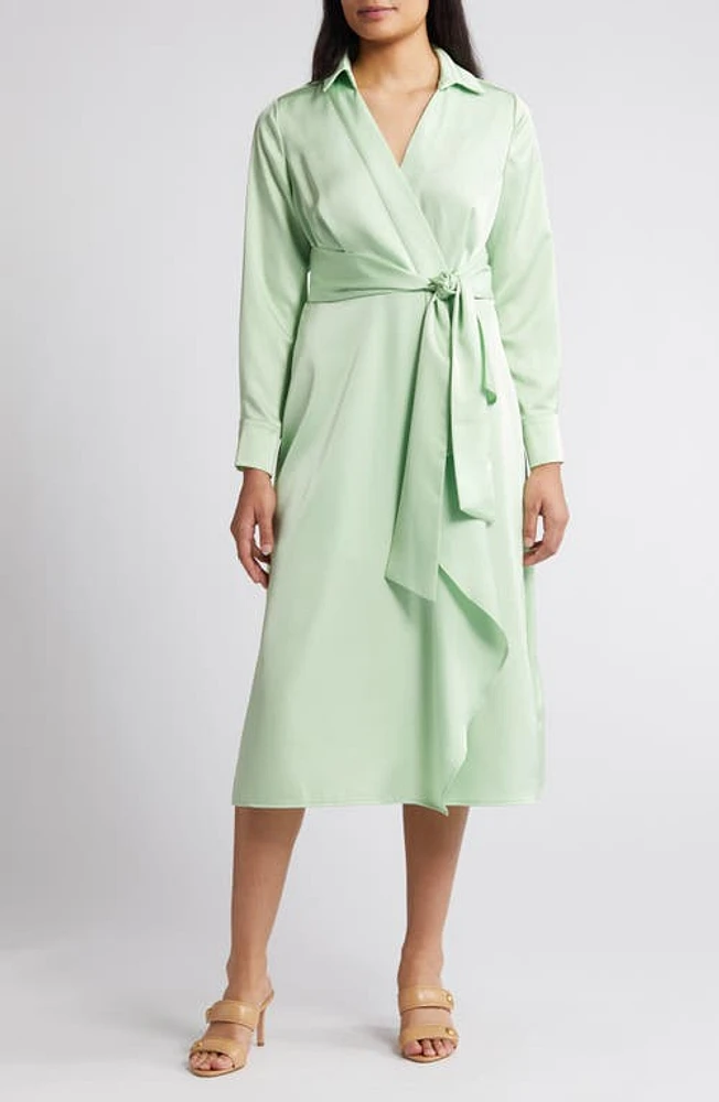 Tahari ASL Ruffle Front Long Sleeve Midi Shirtdress Moss at Nordstrom,