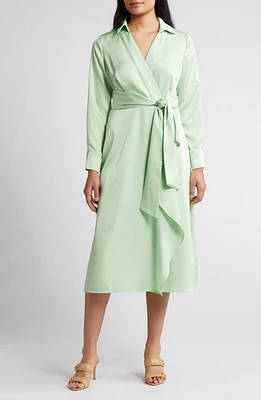 Tahari ASL Ruffle Front Long Sleeve Midi Shirtdress Moss at Nordstrom,