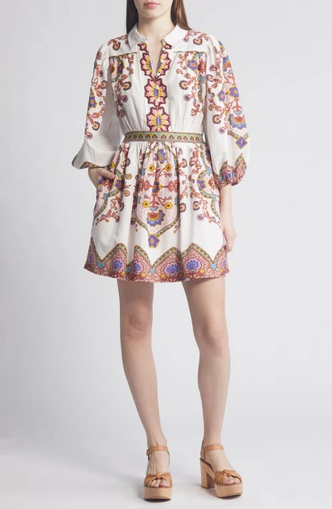 Cleobella Leigh Placed Print Long Sleeve Cotton & Linen Minidress Lagos at Nordstrom,