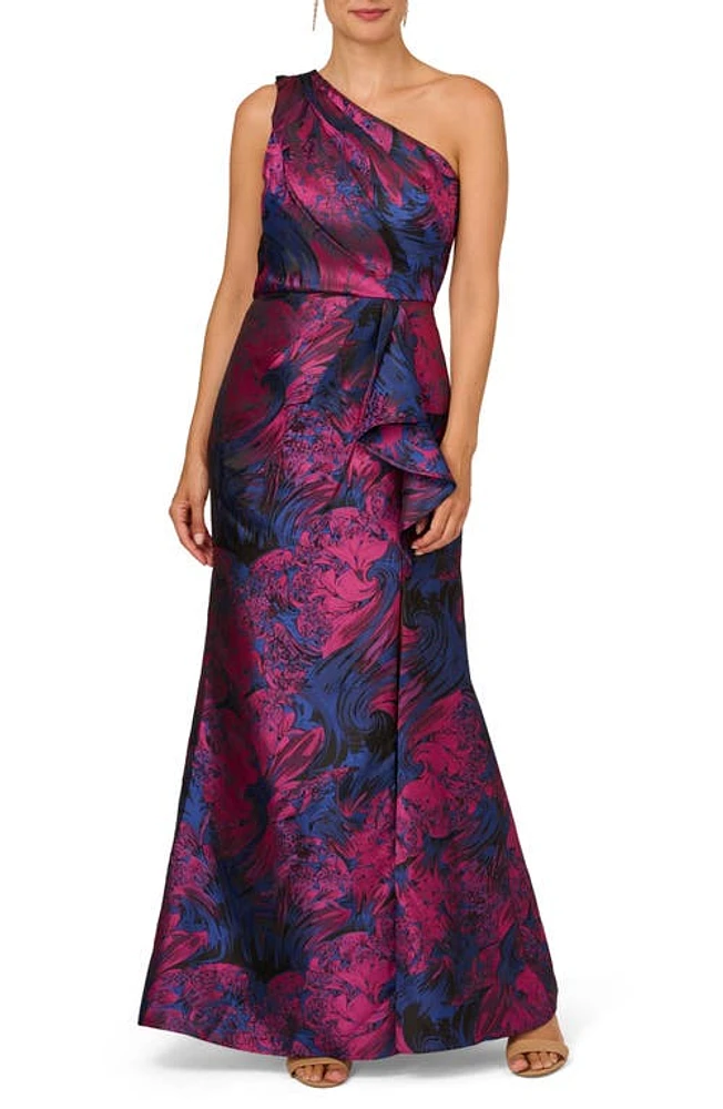 Adrianna Papell One-Shoulder Jacquard Gown in Navy/Orchid at Nordstrom, Size 8