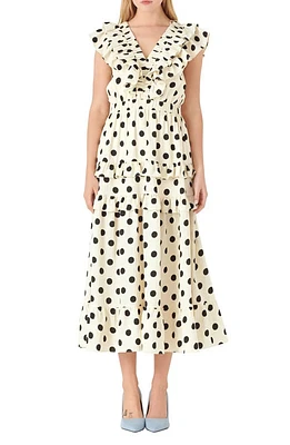 English Factory Polka Dot Ruffle Trim Midi Dress Ivory/Black at Nordstrom,