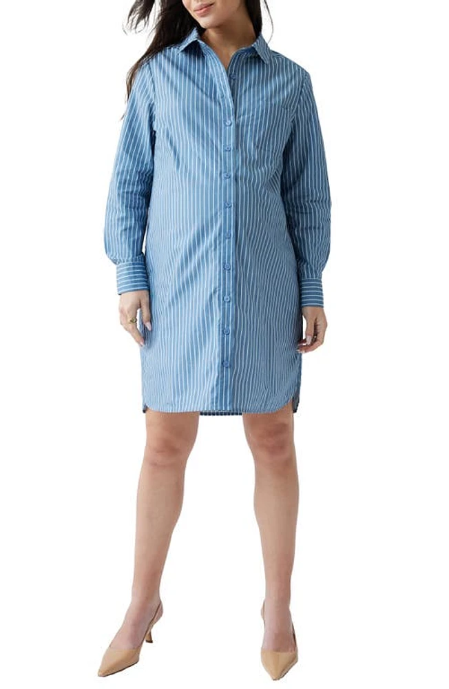 Ingrid & Isabel Stripe Long Sleeve Cotton Poplin Maternity Shirtdress Blue/White at Nordstrom,