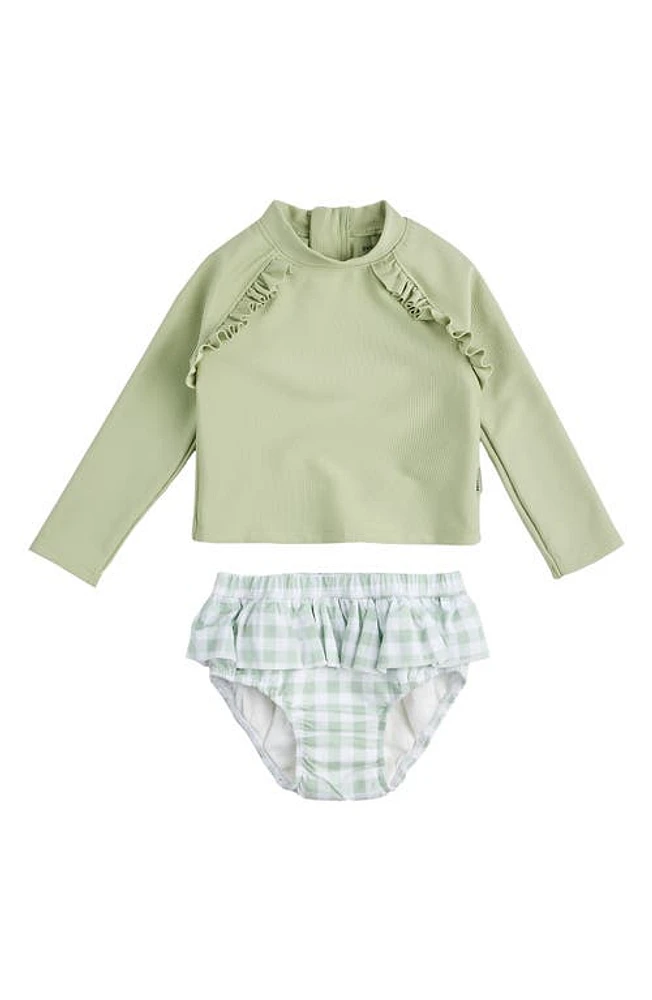 Petit Lem Ruffle Long Sleeve Two-Piece Rashguard Swimsuit Green at Nordstrom,