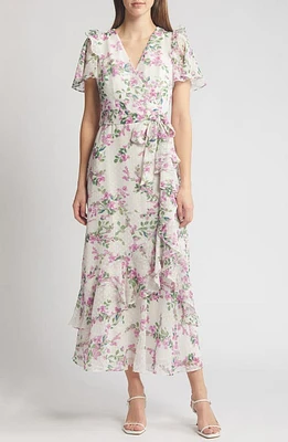 Eliza J Floral Wrap Front Dress Lilac White at Nordstrom,