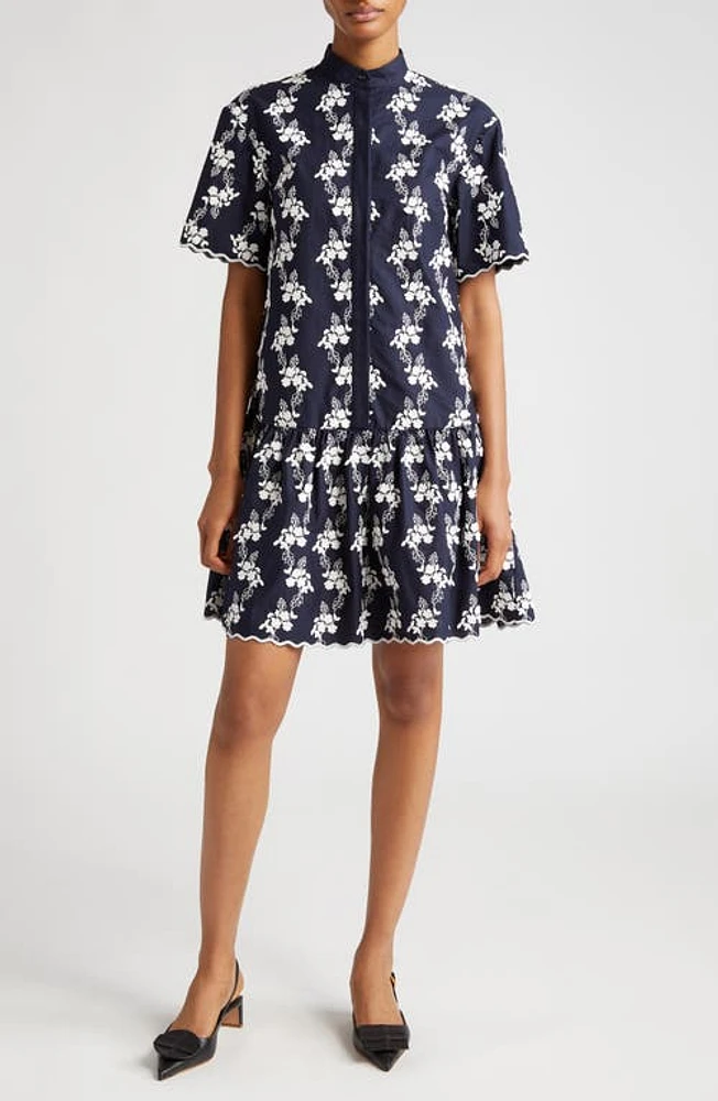 Erdem Embroidered Floral Tiered Minidress in Navy at Nordstrom, Size 2 Us