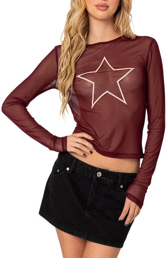 EDIKTED Stargaze Sheer Mesh Top Burgundy at Nordstrom,