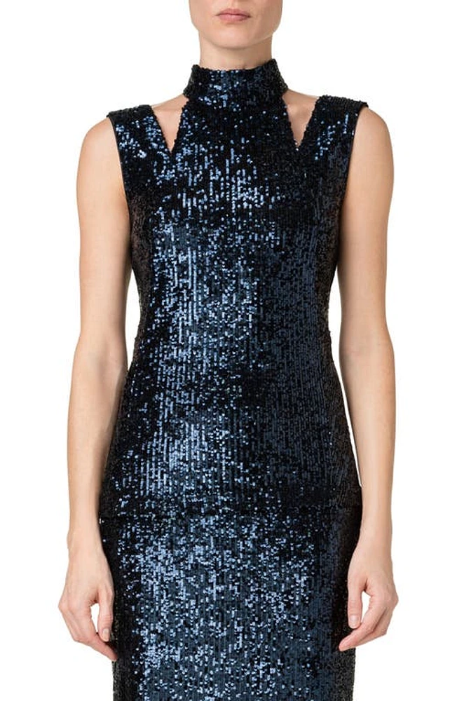 Akris Sequin Cutout Mock Neck Jersey Top in Navy at Nordstrom, Size 6