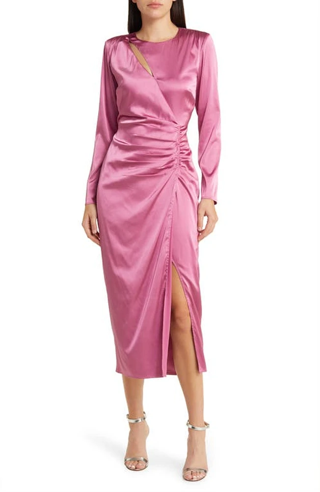 FLORET STUDIOS Side Ruched Long Sleeve Satin Midi Dress in Orchid at Nordstrom, Size X-Small