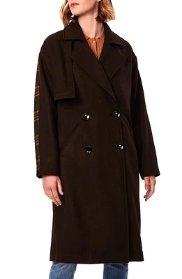 Bernardo Double Breasted Mixed Media Wool Blend Coat Military Green Orange Plaid at Nordstrom,