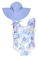 RuffleButts Pristine Blooms Waterfall One-Piece Swimsuit & Hat Set in White at Nordstrom, Size 3-6M