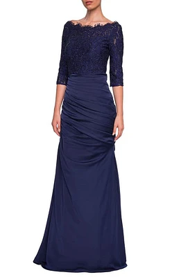 La Femme Sparkle Lace Trumpet Gown Navy at Nordstrom,