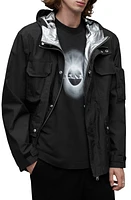 AllSaints Tycho Water Repellent Hooded Utility Jacket Black/Silver at Nordstrom,