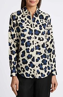 Foxcroft Charlie Leopard Print Cotton Button-Up Shirt Pacific Blue Mu at Nordstrom,