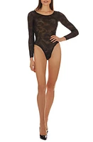 MeMoi Madeleine Palm Frond Long Sleeve Mesh Bodysuit in Black at Nordstrom, Size X-Large