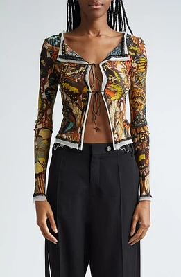 Jean Paul Gaultier Butterfly Print Tie Front Mesh Cardigan Yellow/Multicolor at Nordstrom,