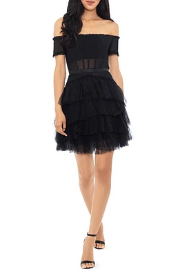 Betsy & Adam Corset Tiered Ruffle Off the Shoulder Tulle Minidress Black at Nordstrom,