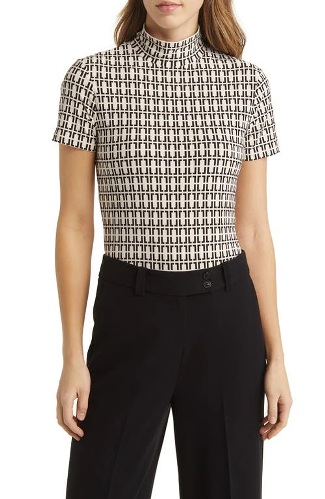 Anne Klein Geo Print Short Sleeve Mock Neck Top White/Anne Black at Nordstrom,