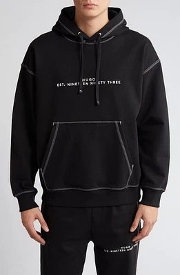 HUGO Dantaloup Embroidered Logo Pullover Hoodie Black at Nordstrom,