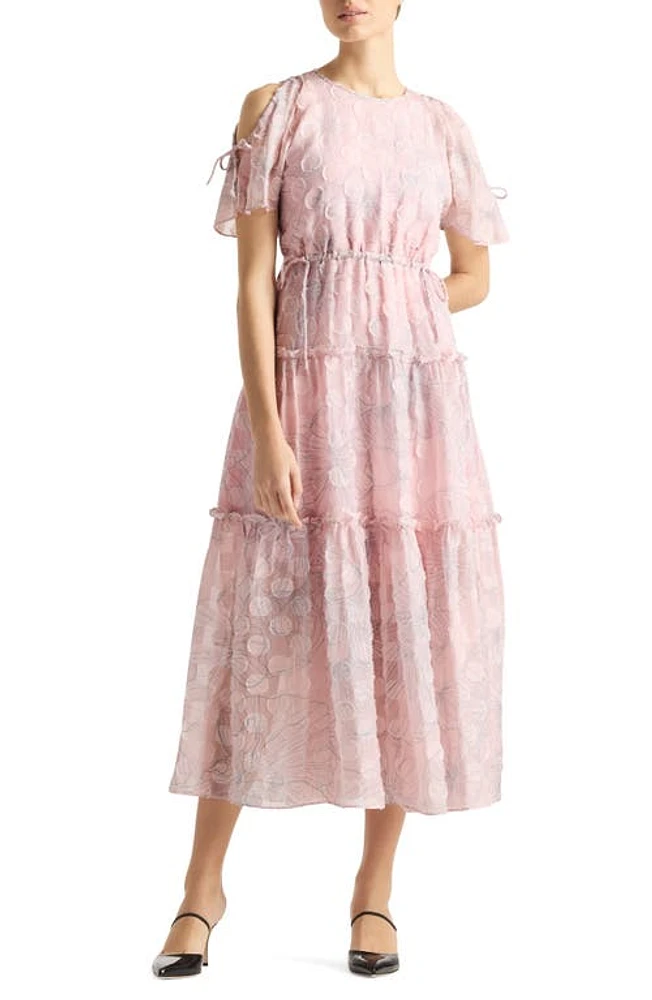 St. John Collection Wildflower Print Silk & Linen Fil Coupé Dress in Light Pink/Silver at Nordstrom, Size Medium