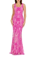 Dress the Population Tyra Beaded Chiffon Mermaid Gown Bright Fuchsia Multi at Nordstrom,