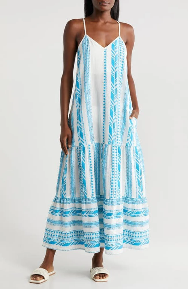 Elan Embroidered Tiered Cotton Blend Cover-Up Maxi Dress White/Blue Print at Nordstrom,