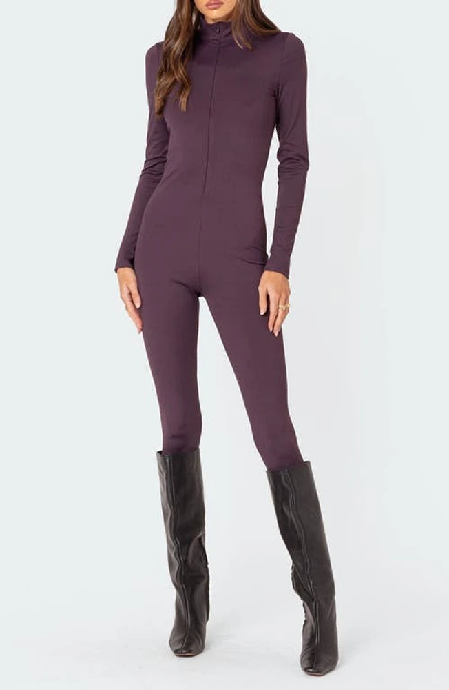 EDIKTED Zip Front Long Sleeve Jumpsuit Mauve at Nordstrom,