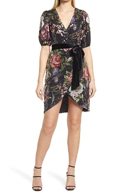 BTFL-life Floral Print Short Sleeve Sequin Dress Black Multi at Nordstrom,