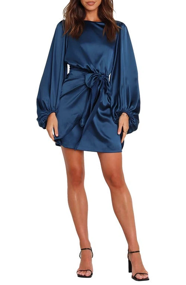 Petal & Pup Opal Tie Waist Long Sleeve Satin Minidress at Nordstrom,