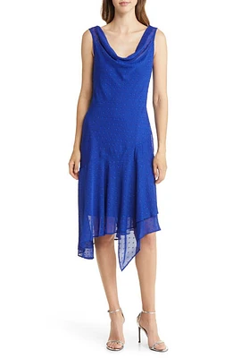 Connected Apparel Swiss Dot Asymmetric Chiffon Midi Dress Deep Cobalt at Nordstrom,