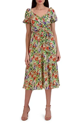 Julia Jordan Floral Puff Sleeve Fit & Flare Midi Dress Nude Multi at Nordstrom,