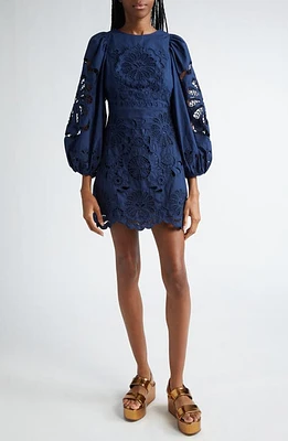 FARM Rio Eyelet Balloon Sleeve Cotton Minidress Navy Blue at Nordstrom,