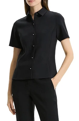 Theory Fitted Short Sleeve Crepe Button-Up Shirt in Black at Nordstrom, Size Small