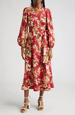 Zimmermann Lexi Floral Long Sleeve Linen Wrap Dress Red Palm at Nordstrom,