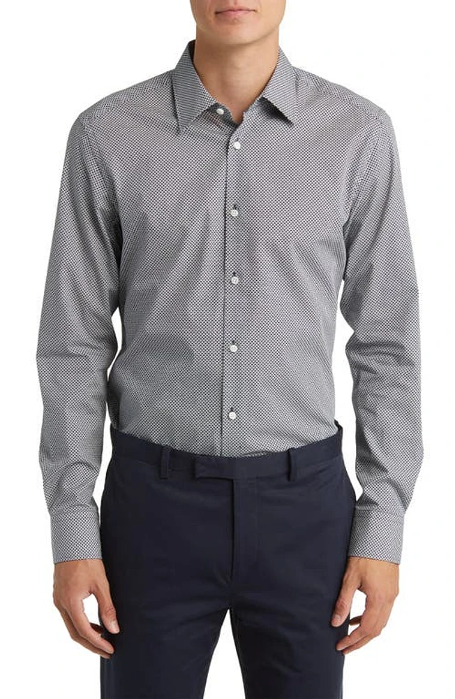 BOSS Camel Hays Slim Fit Micropattern Dress Shirt Dark Blue at Nordstrom,