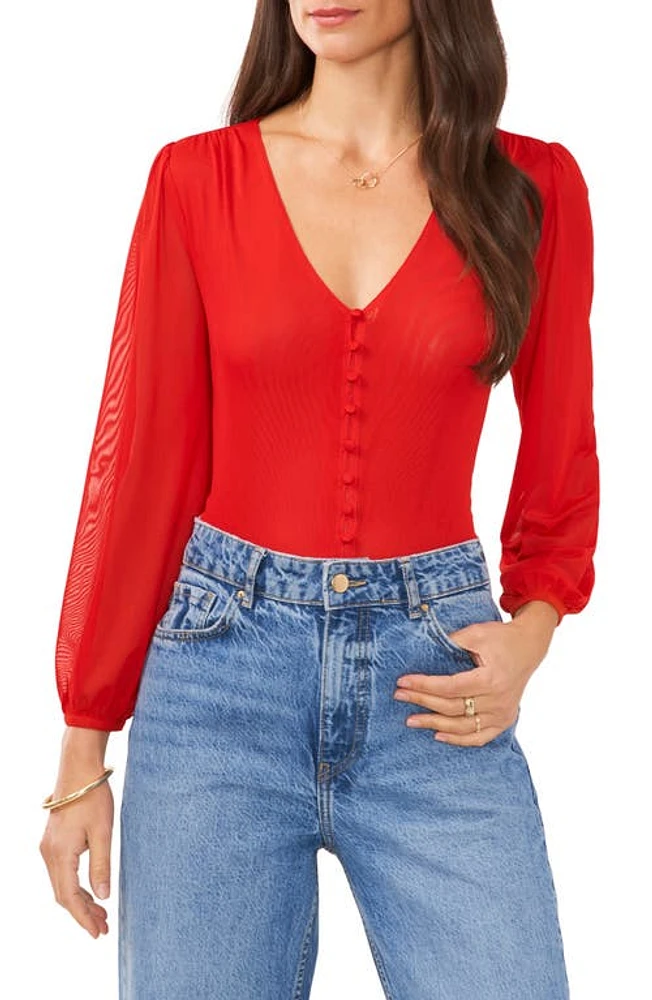 Vince Camuto Puff Shoulder Front Button Top Tulip Red at Nordstrom,